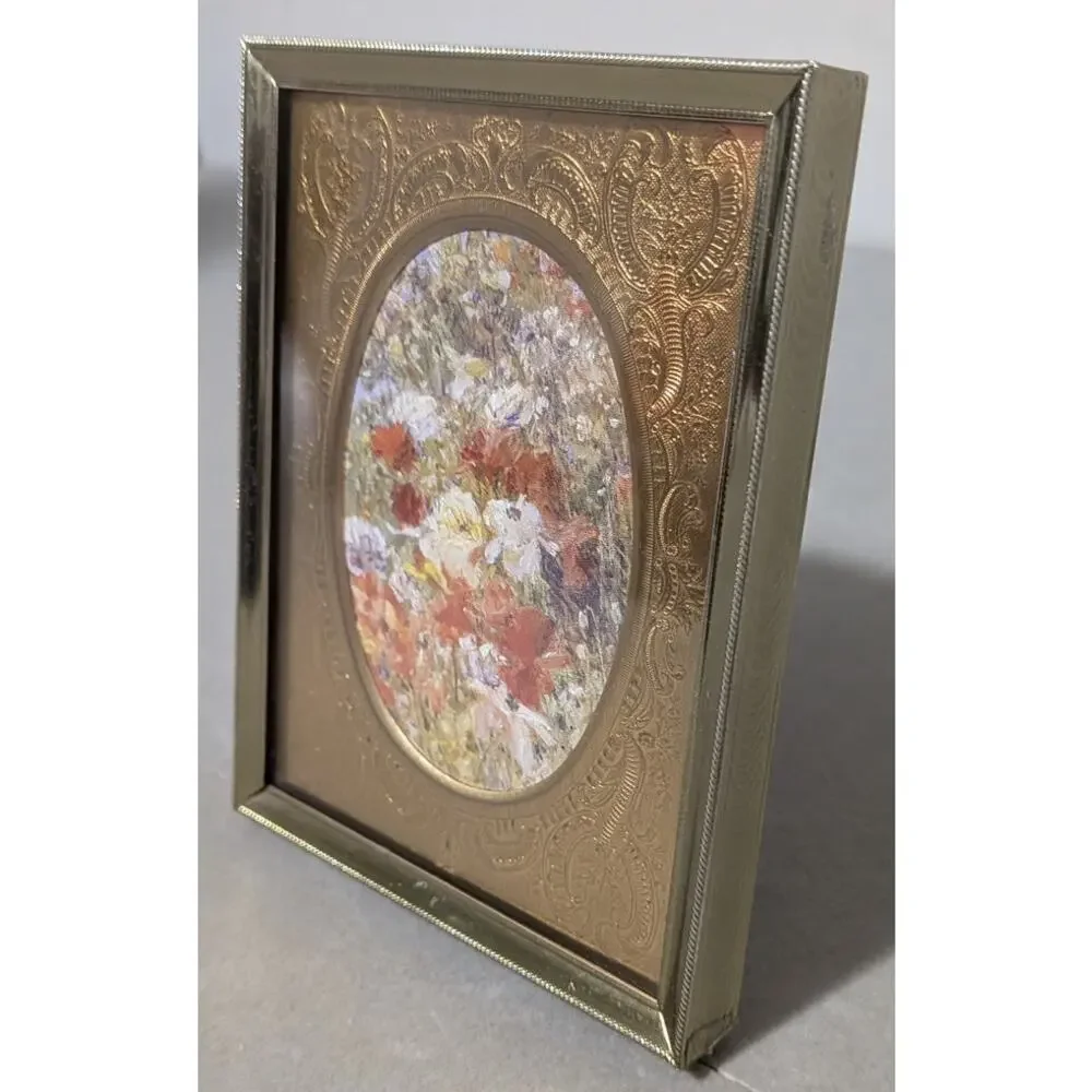 Vintage Gold Ornate Brass Picture Frame 3.5x4.5 Textured Metal Mat Oval Display